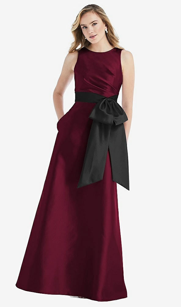 Front View - Cabernet & Black High-Neck Bow-Waist Maxi Dress with Pockets