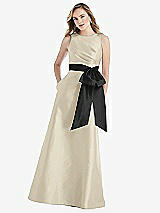 Front View Thumbnail - Champagne & Black High-Neck Bow-Waist Maxi Dress with Pockets
