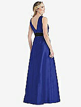 Rear View Thumbnail - Cobalt Blue & Black High-Neck Bow-Waist Maxi Dress with Pockets