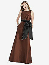 Front View Thumbnail - Cognac & Black High-Neck Bow-Waist Maxi Dress with Pockets