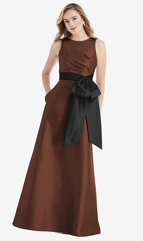 Front View - Cognac & Black High-Neck Bow-Waist Maxi Dress with Pockets