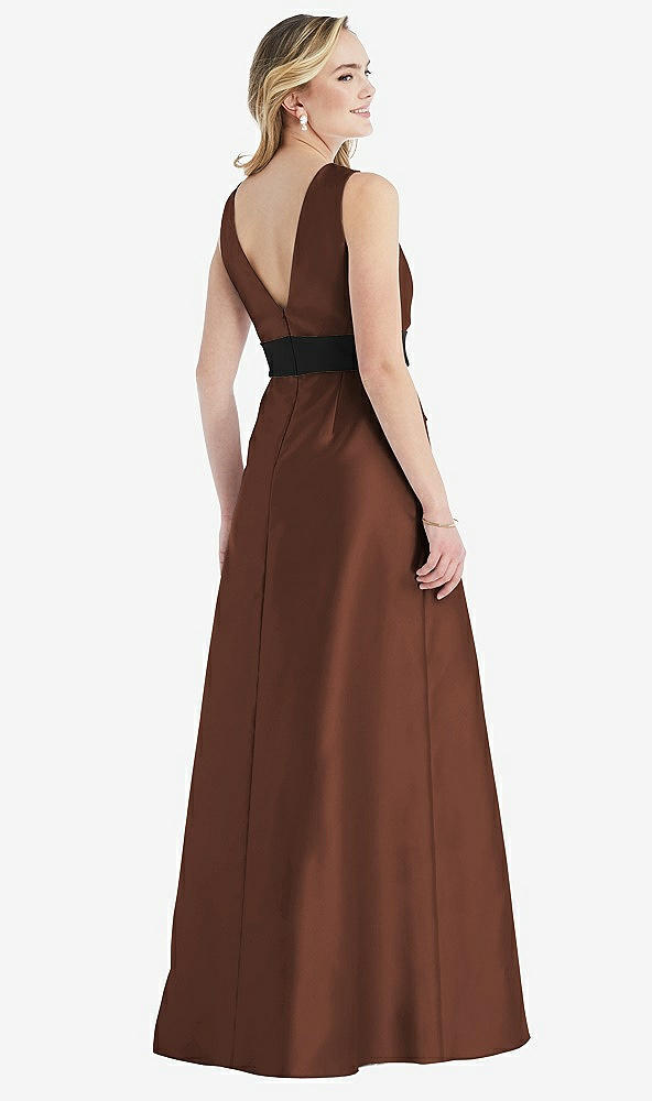 Back View - Cognac & Black High-Neck Bow-Waist Maxi Dress with Pockets