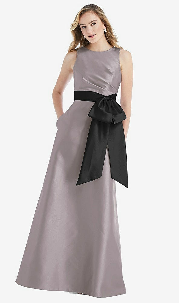 Front View - Cashmere Gray & Black High-Neck Bow-Waist Maxi Dress with Pockets