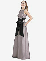 Side View Thumbnail - Cashmere Gray & Black High-Neck Bow-Waist Maxi Dress with Pockets