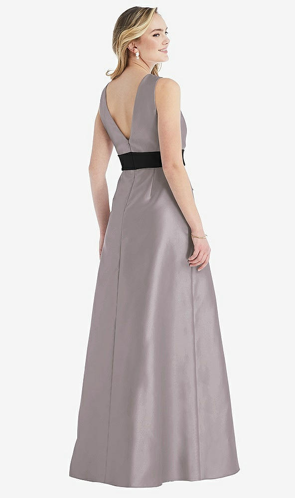 Back View - Cashmere Gray & Black High-Neck Bow-Waist Maxi Dress with Pockets