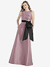 Front View Thumbnail - Dusty Rose & Black High-Neck Bow-Waist Maxi Dress with Pockets