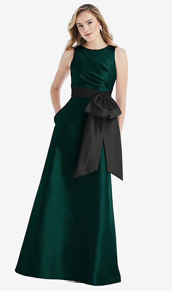 Front View - Evergreen & Black High-Neck Bow-Waist Maxi Dress with Pockets