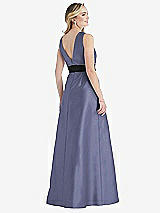 Rear View Thumbnail - French Blue & Black High-Neck Bow-Waist Maxi Dress with Pockets