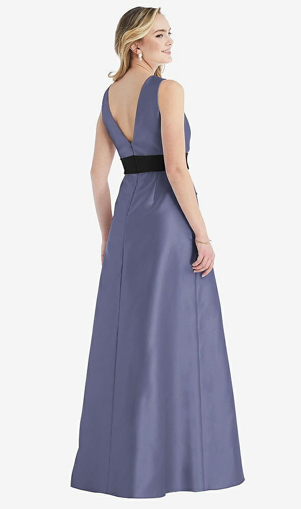 Back View - French Blue & Black High-Neck Bow-Waist Maxi Dress with Pockets
