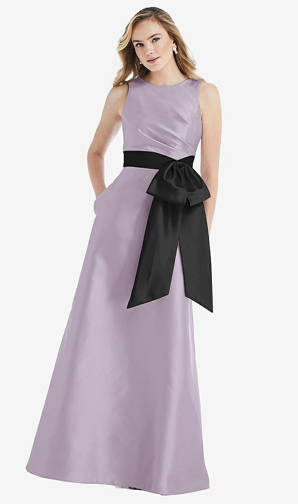 Front View - Lilac Haze & Black High-Neck Bow-Waist Maxi Dress with Pockets