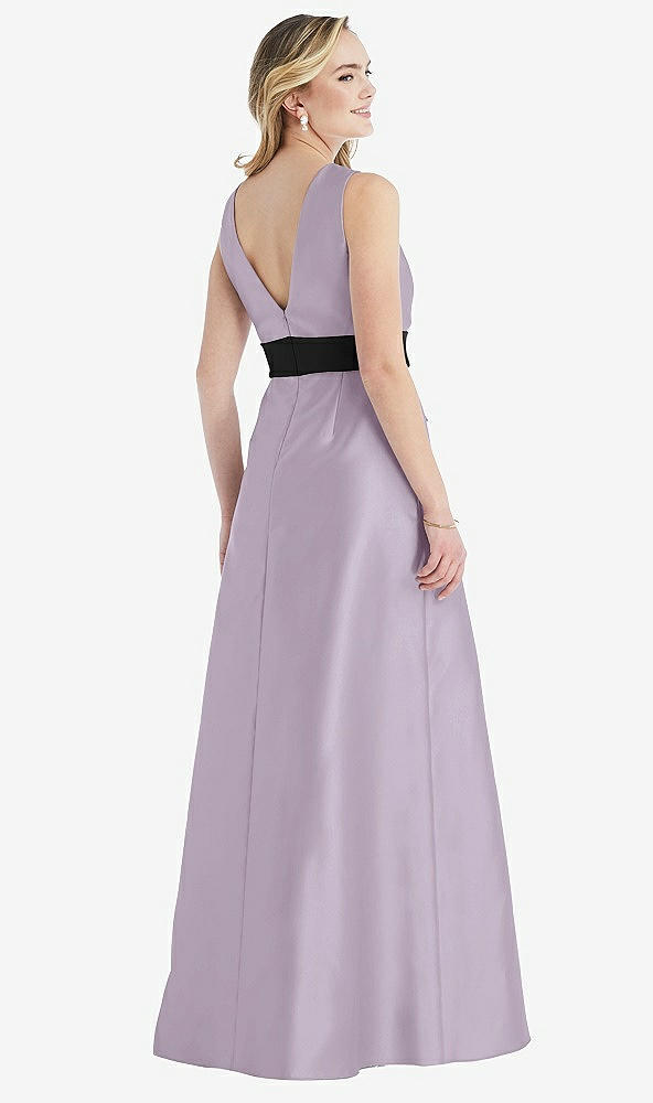 Back View - Lilac Haze & Black High-Neck Bow-Waist Maxi Dress with Pockets