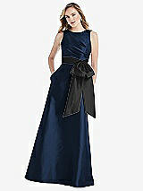 Front View Thumbnail - Midnight Navy & Black High-Neck Bow-Waist Maxi Dress with Pockets
