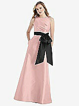 Front View Thumbnail - Rose - PANTONE Rose Quartz & Black High-Neck Bow-Waist Maxi Dress with Pockets