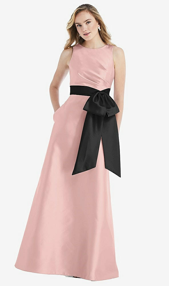 Front View - Rose - PANTONE Rose Quartz & Black High-Neck Bow-Waist Maxi Dress with Pockets