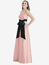 Side View Thumbnail - Rose - PANTONE Rose Quartz & Black High-Neck Bow-Waist Maxi Dress with Pockets