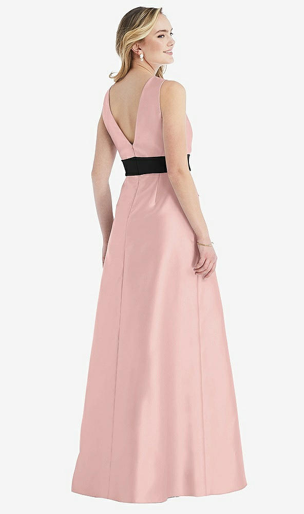 Back View - Rose - PANTONE Rose Quartz & Black High-Neck Bow-Waist Maxi Dress with Pockets