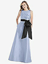 Front View Thumbnail - Sky Blue & Black High-Neck Bow-Waist Maxi Dress with Pockets