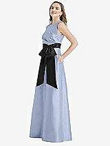 Side View Thumbnail - Sky Blue & Black High-Neck Bow-Waist Maxi Dress with Pockets