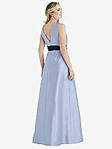 Rear View Thumbnail - Sky Blue & Black High-Neck Bow-Waist Maxi Dress with Pockets