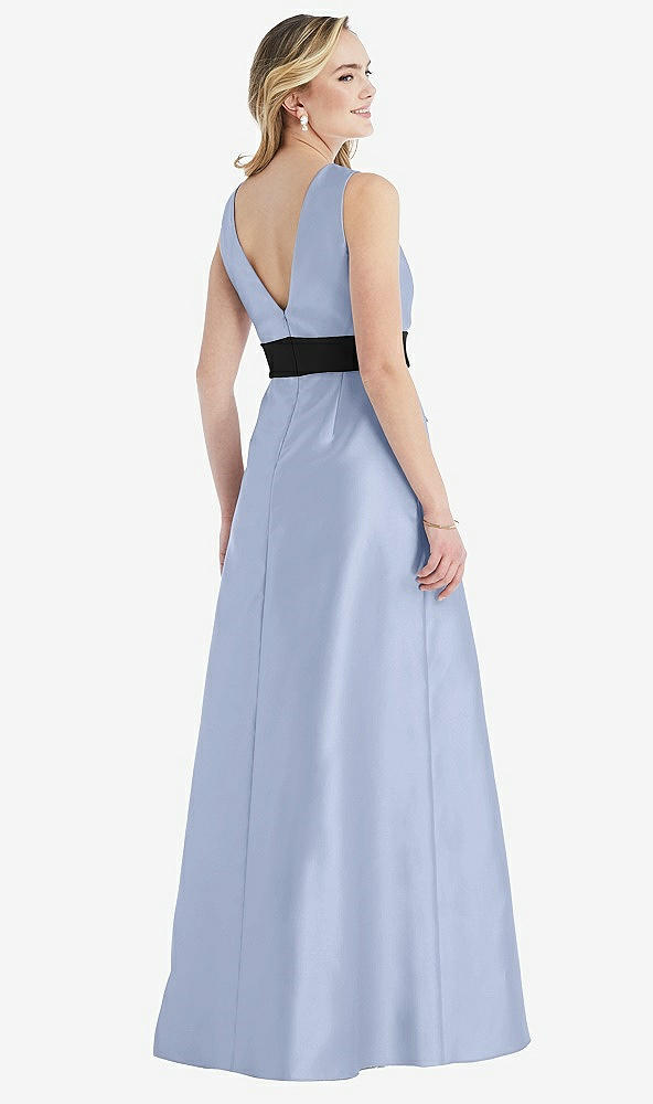 Back View - Sky Blue & Black High-Neck Bow-Waist Maxi Dress with Pockets