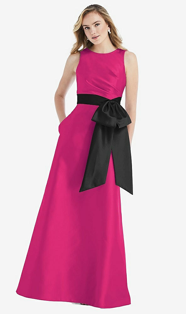 Front View - Think Pink & Black High-Neck Bow-Waist Maxi Dress with Pockets