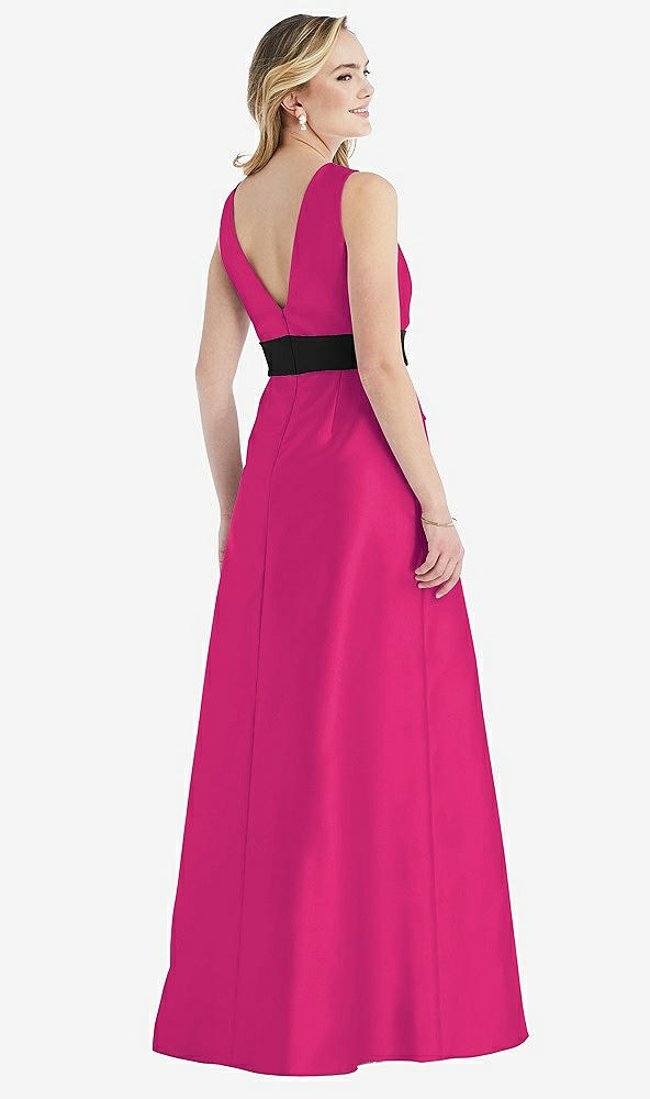 Back View - Think Pink & Black High-Neck Bow-Waist Maxi Dress with Pockets
