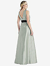 Rear View Thumbnail - Willow Green & Black High-Neck Bow-Waist Maxi Dress with Pockets