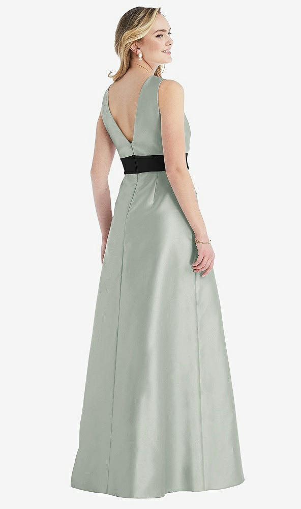 Back View - Willow Green & Black High-Neck Bow-Waist Maxi Dress with Pockets