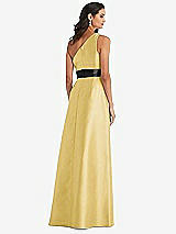 Rear View Thumbnail - Maize & Black One-Shoulder Bow-Waist Maxi Dress with Pockets