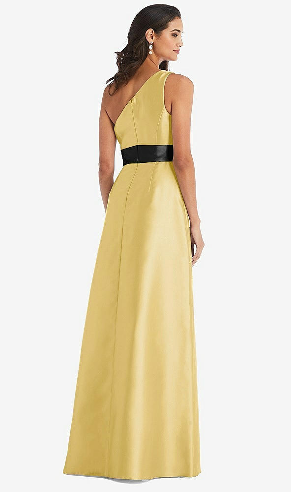 Back View - Maize & Black One-Shoulder Bow-Waist Maxi Dress with Pockets