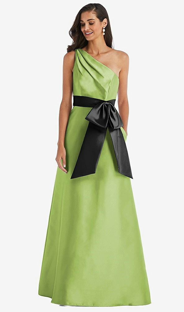 Front View - Mojito & Black One-Shoulder Bow-Waist Maxi Dress with Pockets