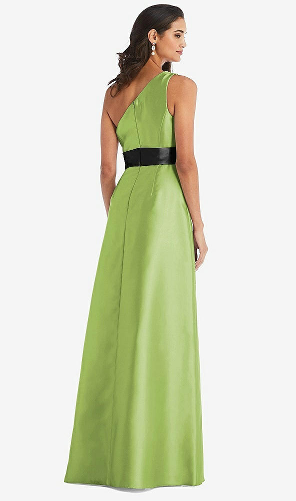 Back View - Mojito & Black One-Shoulder Bow-Waist Maxi Dress with Pockets