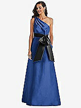 Front View Thumbnail - Classic Blue & Black One-Shoulder Bow-Waist Maxi Dress with Pockets