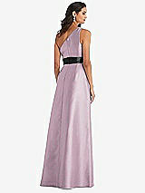 Rear View Thumbnail - Suede Rose & Black One-Shoulder Bow-Waist Maxi Dress with Pockets