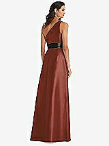 Rear View Thumbnail - Auburn Moon & Black One-Shoulder Bow-Waist Maxi Dress with Pockets
