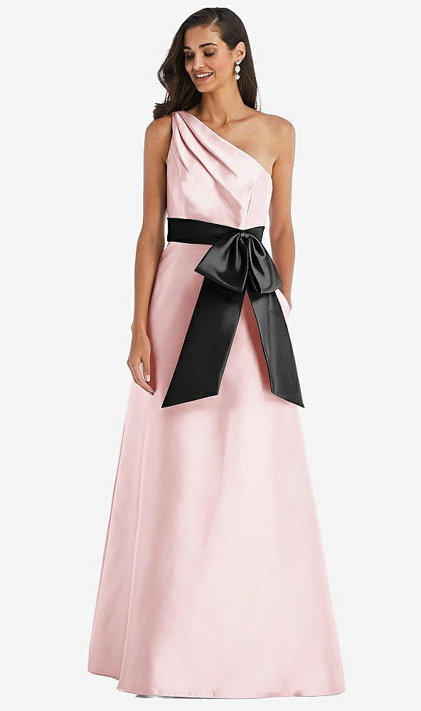 Front View - Ballet Pink & Black One-Shoulder Bow-Waist Maxi Dress with Pockets