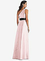 Rear View Thumbnail - Ballet Pink & Black One-Shoulder Bow-Waist Maxi Dress with Pockets