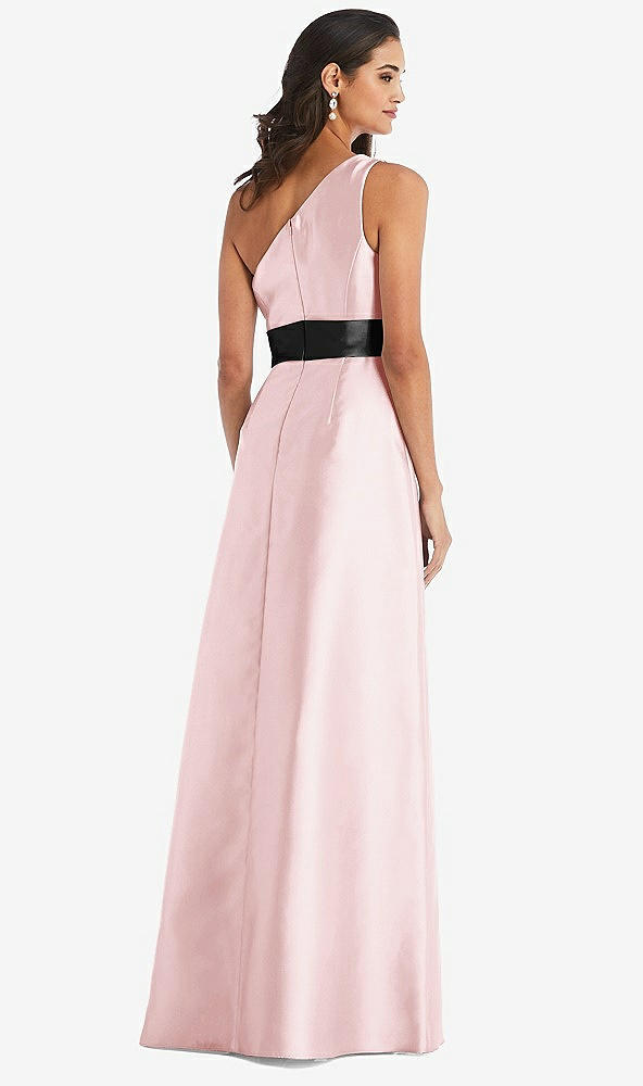 Back View - Ballet Pink & Black One-Shoulder Bow-Waist Maxi Dress with Pockets