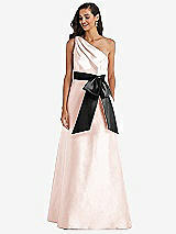 Front View Thumbnail - Blush & Black One-Shoulder Bow-Waist Maxi Dress with Pockets