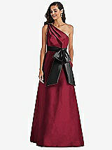 Front View Thumbnail - Burgundy & Black One-Shoulder Bow-Waist Maxi Dress with Pockets