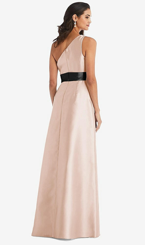 Back View - Cameo & Black One-Shoulder Bow-Waist Maxi Dress with Pockets