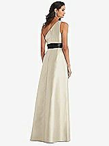 Rear View Thumbnail - Champagne & Black One-Shoulder Bow-Waist Maxi Dress with Pockets