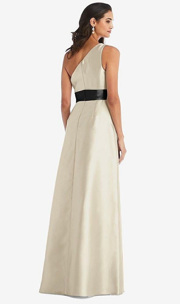 Back View - Champagne & Black One-Shoulder Bow-Waist Maxi Dress with Pockets