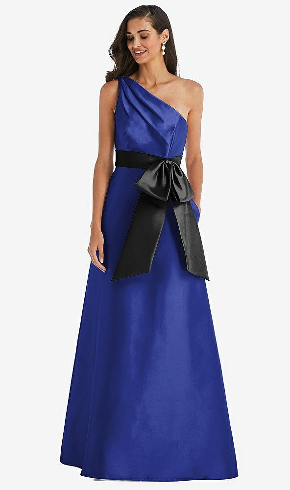 Front View - Cobalt Blue & Black One-Shoulder Bow-Waist Maxi Dress with Pockets
