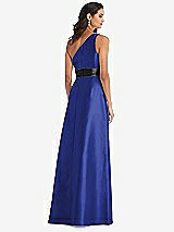 Rear View Thumbnail - Cobalt Blue & Black One-Shoulder Bow-Waist Maxi Dress with Pockets