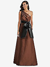 Front View Thumbnail - Cognac & Black One-Shoulder Bow-Waist Maxi Dress with Pockets