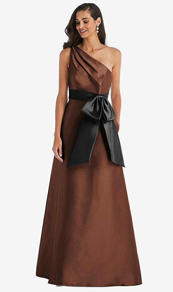 Front View - Cognac & Black One-Shoulder Bow-Waist Maxi Dress with Pockets