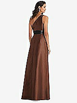Rear View Thumbnail - Cognac & Black One-Shoulder Bow-Waist Maxi Dress with Pockets