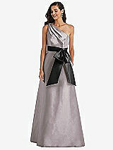 Front View Thumbnail - Cashmere Gray & Black One-Shoulder Bow-Waist Maxi Dress with Pockets