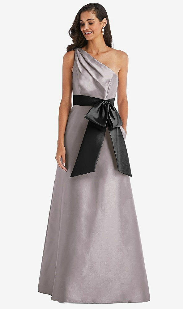 Front View - Cashmere Gray & Black One-Shoulder Bow-Waist Maxi Dress with Pockets
